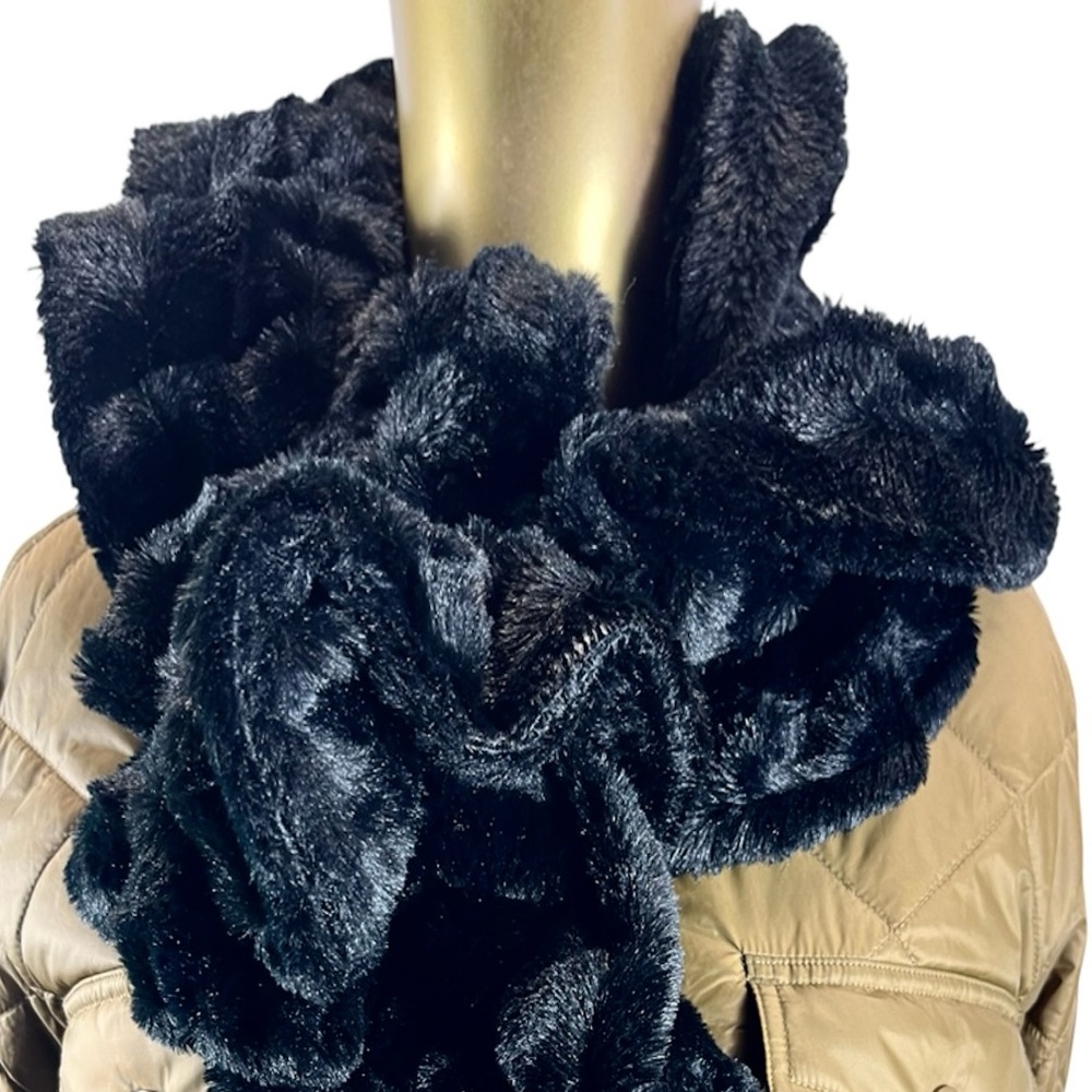 Scrunchie Twisted Scarf Black Faux Fur - Cozy Winter Accessory